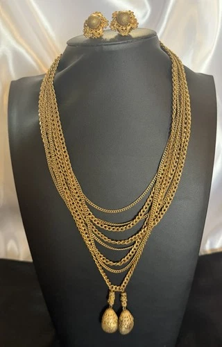 Vintage Miriam Haskell Multi Strand Gold tone Bead Necklace & Earring Set