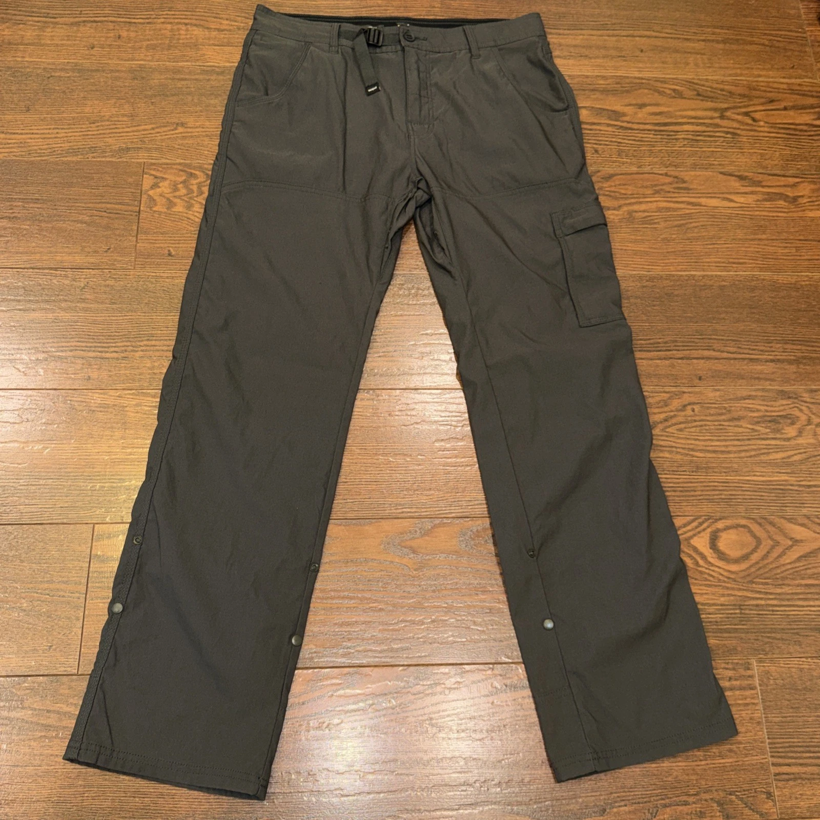 prAna Zion Pants Mens 33x32 Gray Grey Relaxed Fit Stretch Belted Roll Up Outdoor