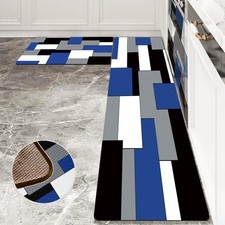2 Pcs Blue Black Kitchen Rugs Mats Set Abstract Geometric Cushioned Art