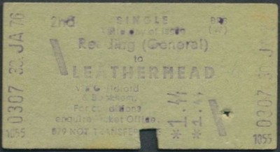Bahnticket 2. cl Reading General - Leatherhead 1976 ohne Käufergebühr CH3244
