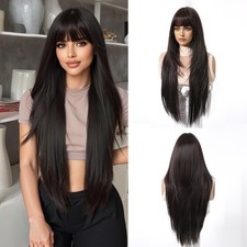 Dark Brown Synthetic Wig with Bangs Glueless Long Straight Layered Wigs for W