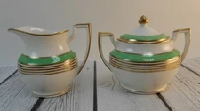 Vintage Green and Gold Rims Warwick China Sugar Bowl with Lid and Creamer