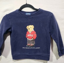 Polo Ralph Lauren Kids Sweatshirt Ribbed Pullover Sz 5 Unisex Navy Hoodie Bear
