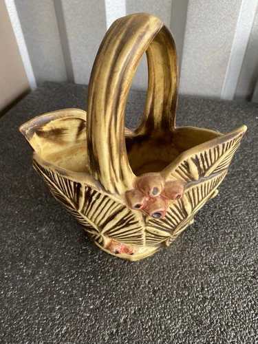 Vintage McCoy Art Pottery Leaf And Berry Handled Basket Vase/Planter - Repaired
