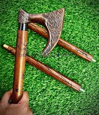 Viking Axe Designer Solid Head Handle Wooden Carved Walking Stick Handmade Gift