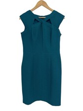 David Meister Green Teal Textured Cutout Neckline Shift Dress Size 6 USA Made