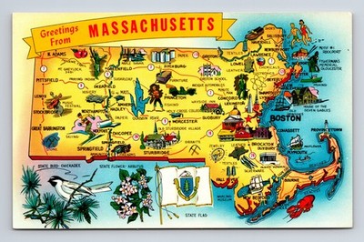 Pictorial State Map Bird Flower Flag Greetings From Massachusetts MA Postcard
