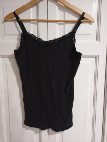 Faded Glory Black Lace Trim Camisole Tank Top Medium Sleeveless Spaghetti Straps