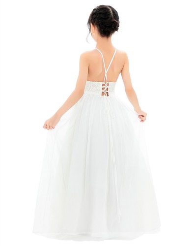 A-line Flower Girl Dress Halter Lace Dresses Wedding Junior Bridesmaid Dresses - Picture 6 of 40