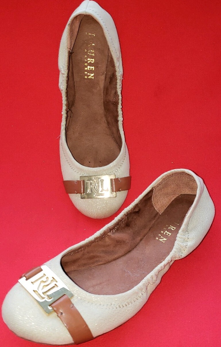 PANTOFOLA D’ORO Ballerine da donna Ralph Lauren 6 5 B cachi glitter tela simbolo RLL davanti