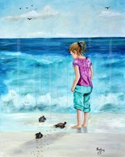 Ocean Beach Wall Art Print Coast 11x14 Blonde Girl Sea Turtles Nursery