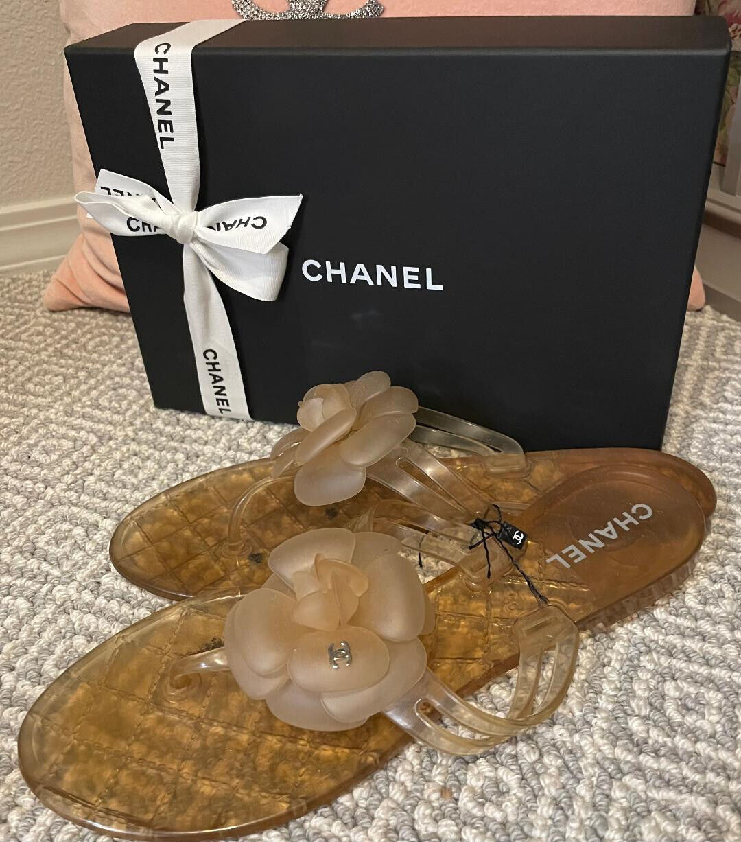 Chanel Black/White Camellia Flower Jelly Quilted Thong Sandals