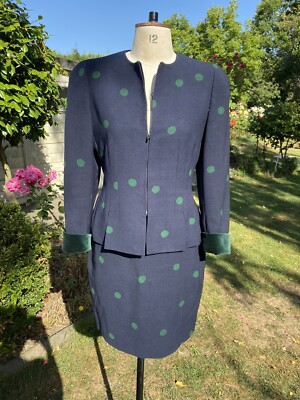 VINTAGE DESIGNER AKRIS GRÖSSE 12 100 % WOLLE ROCK ANZUG GEPUNKTET GRÜN MARINE SAMT