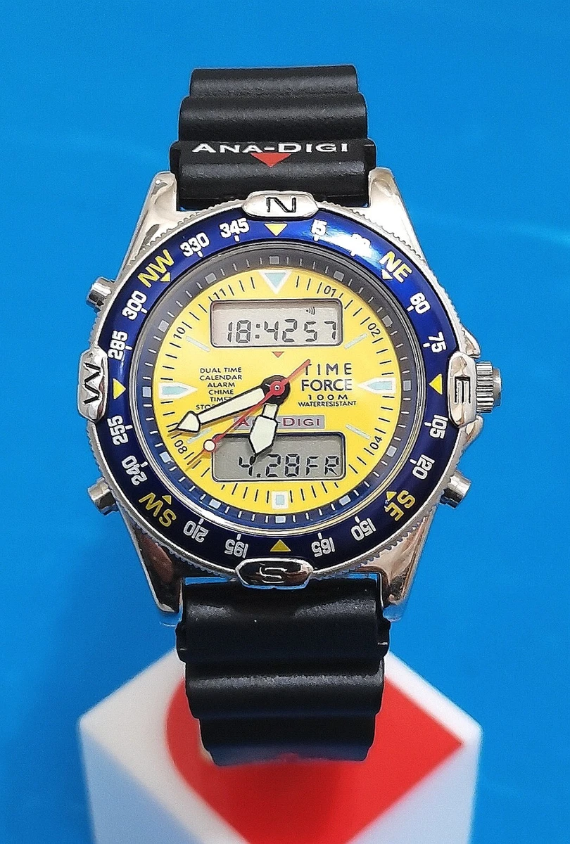 time force watch miyota T240 ana dig chronograph alarm yellow blu