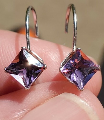 Amethyst Created Princess Cut Dangle Leverback Earrings 14kt Solid White Gold - Picture 7 of 12