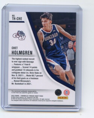 2022 23 Chronicles Draft Picks CHET HOLMGREN RC Rookie Threads Jersey 