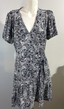 Michael Kors Women Large Paisley Dress Wrap Ruffles White Navy Knee New NWT