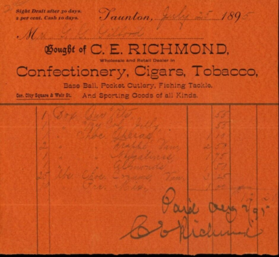 1895 C.E. Richmond Taunton MA Store Bill, Taunton MA. Cigars, Tobacco