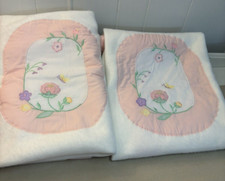 2 Quiltex Vintage Baby Blankets Satin Trim Embroidered Floral Acrylic Blanket