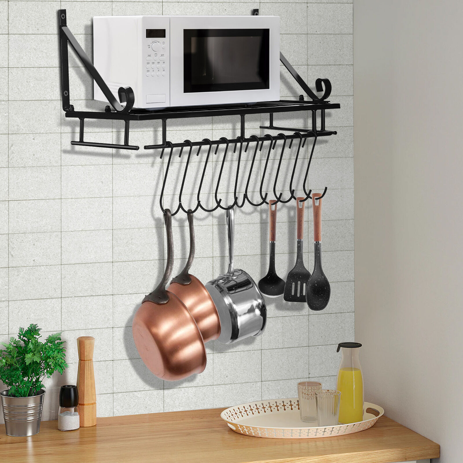 Kitchen Iron Hanging Pot Pan Rack Wall Mount Storage Shelf Saucepan