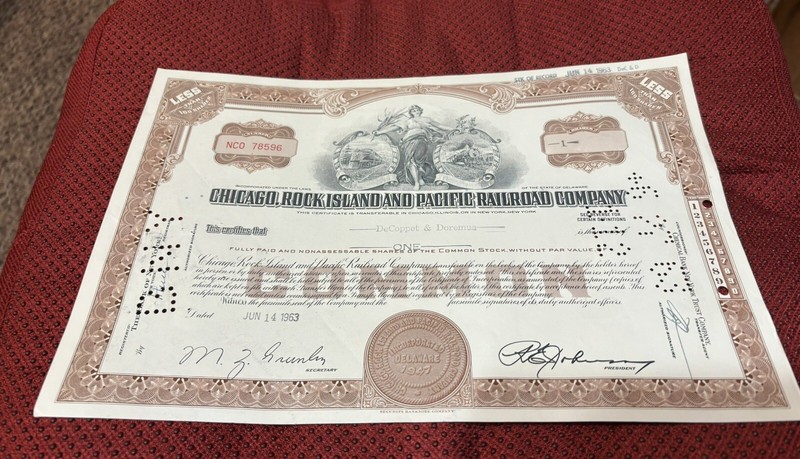 1963 Chicago Rock Island and Pacific Railroad Company  Stock Certificate