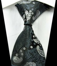 Hot Classic Paisley Black Gray White JACQUARD WOVEN 100 Silk Men's Tie Necktie