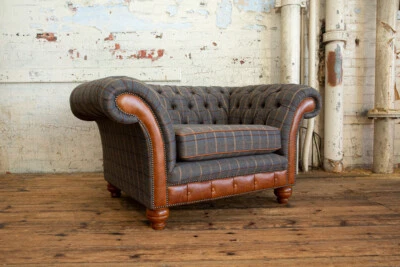 HANDMADE TAN BROWN TWEED CHECK HERRINGBONE WOOL CHESTERFIELD SNUGGLE ARMCHAIR