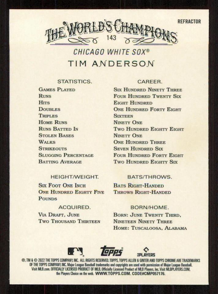 2022 Topps Allen and Ginter Chrome Refractors #143 Tim Anderson - Image 2 of 2