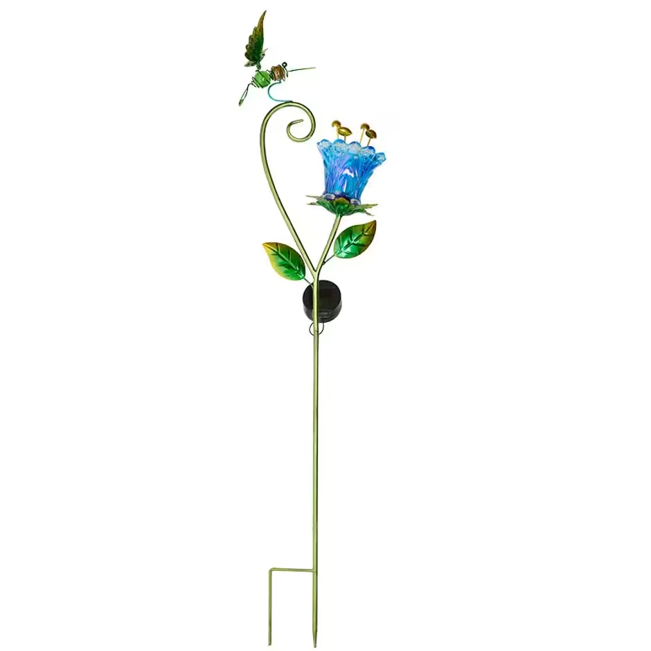 3 Ft Tall Solar Lighted Glass Flower with Hummingbird Outdoor Metal Garden Stake - Image 2 of 2