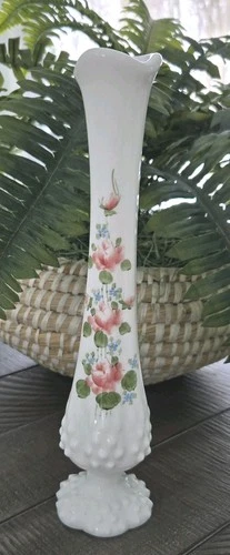 Vtg Fenton Milk Glass Hobnail Swung Bud Vase 10.5" Hand Painted Rose's Signed