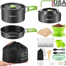 Camping Cookware Mess Kit Lightweight Non-Stick Pot Pan Kettle Coffee Dripper US