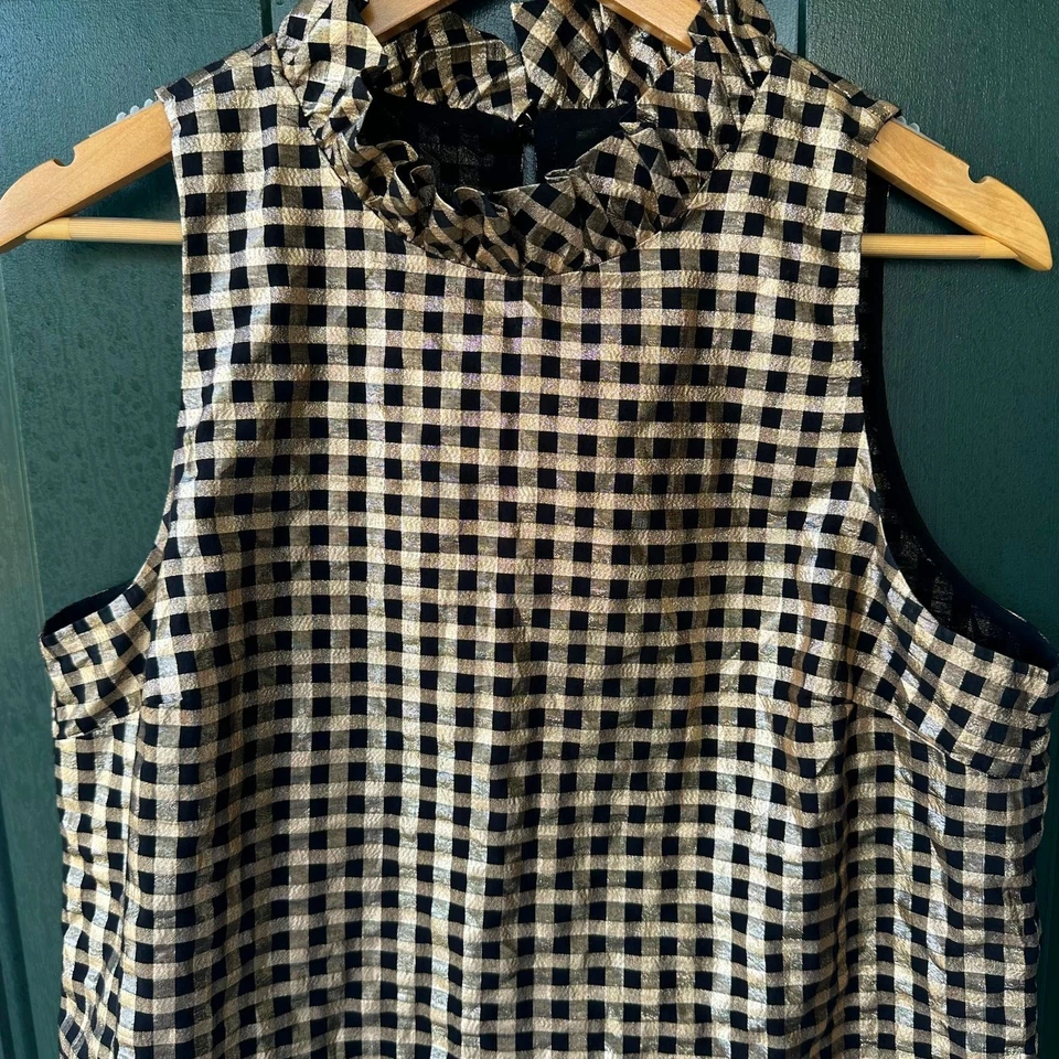 J.Crew Gold Gingham Metallic Halter Top M Black Sleeveless Holiday Party Blouse - image 2 of 4