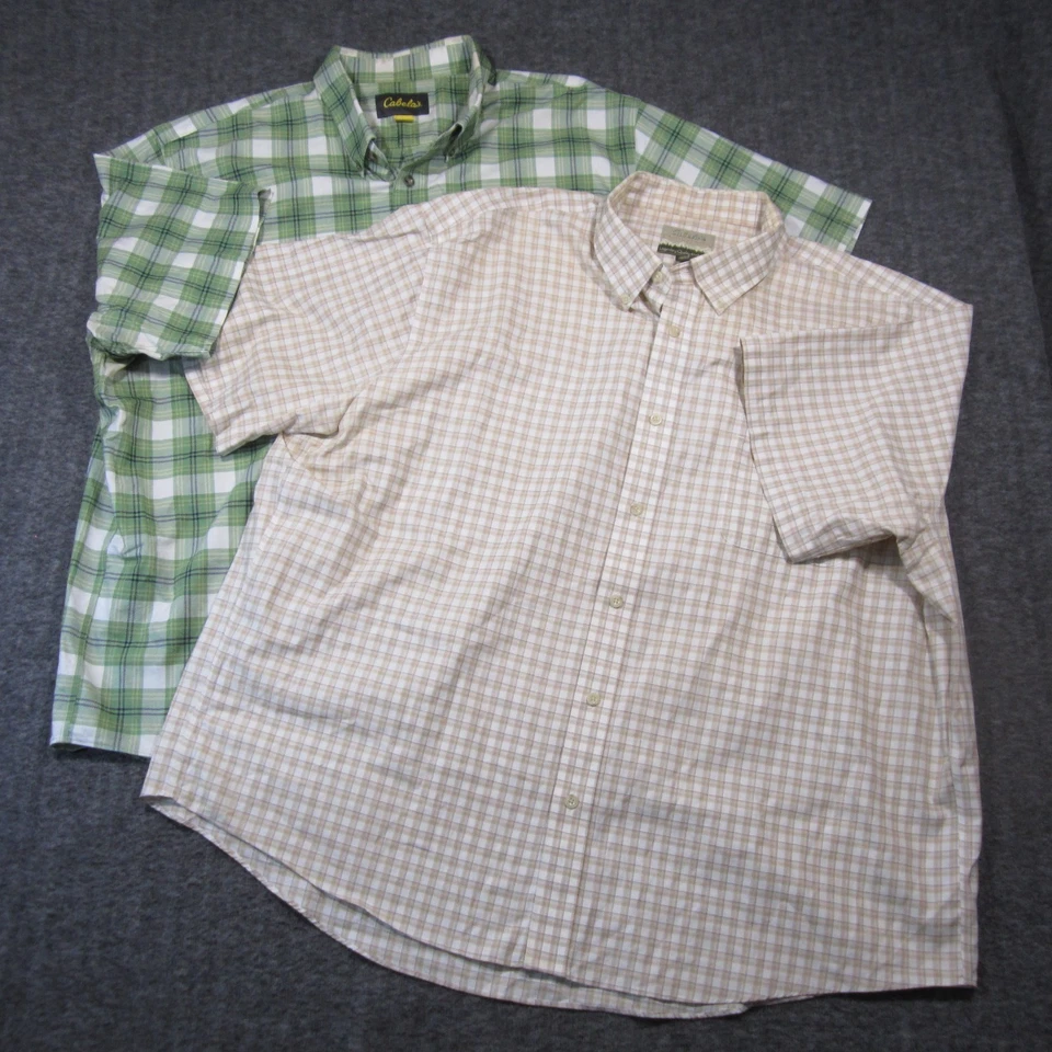 Cabelas Plaid Shirts Mens 3XL Green Beige Short Sleeve Button Up Rugged Outdoor - Image 2 of 4