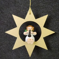 Richard Glasser Wooden Handmade Germany Angel Sits On Gold Star Wind Instrument