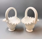 2  Vintage Fenton Hobnail White Ruffled Edge Milk Glass Basket 6” Tall