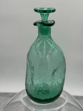 1968 BLENKO #49 Crackle Glass Pinch Decanter with Stopper Aqua Sea Green 10.5"