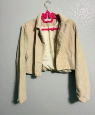 Women's Beige Cropped Short Jacket Lined Long Sleeve Solid Cotton Blend M