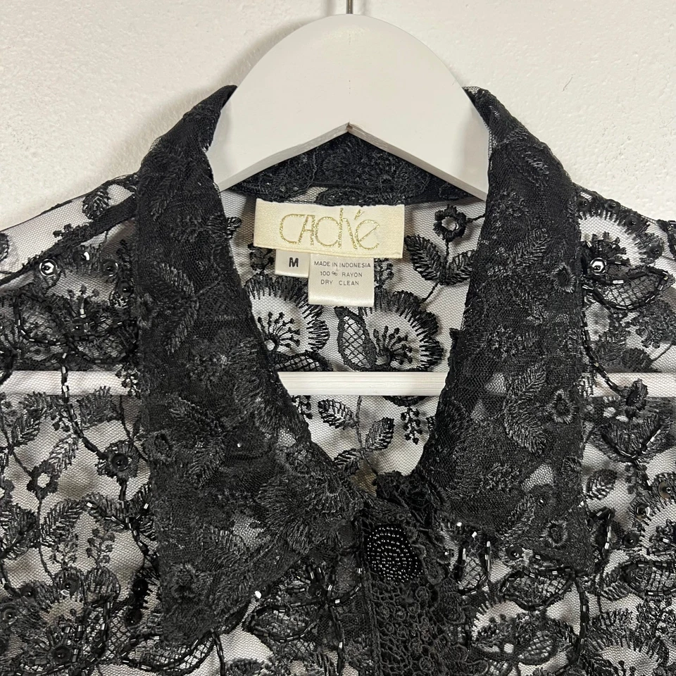 VTG Cachet Chaqueta corta de encaje negro Talla M Lentejuelas con cuentas de hada caprichosa gótica Foto 4 de 4