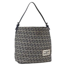 FENDI Zucchino Canvas Shoulder Bag Navy Silver Auth 147907