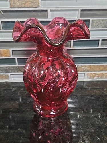 Fenton Cranberry Glass Vase 5 Inch Vintage Ruffled Top Art Glass