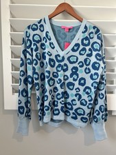 Lilly Pulitzer Skim Blue Don't Be A Cheetah Jasmina V-Neck Sweater Small