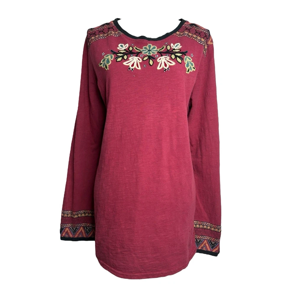 Camiseta Boho Western Doble D Rancho Top 1X Roja Floral Azteca Bordada Manga Larga Foto 3 de 4
