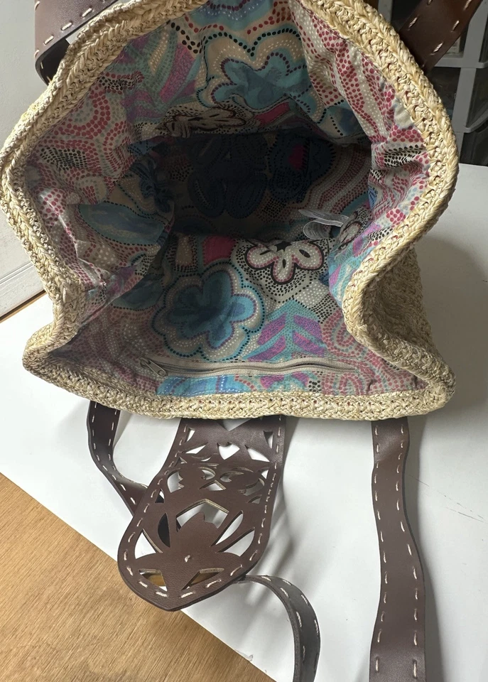 Bolso de Mano Avon Paja Boho Floral Recorte Imitación Cuero Borde Verano Playa Cartera Foto 4 de 4