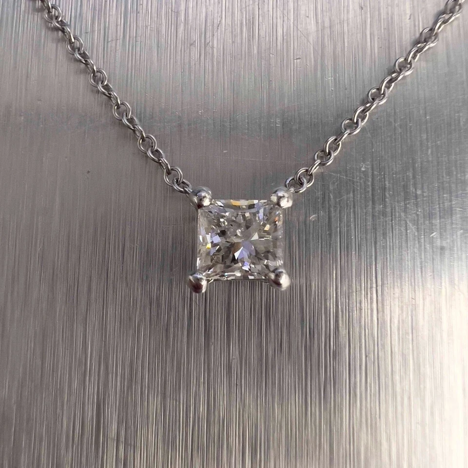 18k White Gold Princess Laser Drilled Diamond Pendant Necklace 14.5" 0.78ct J I1 - Image 3 of 4