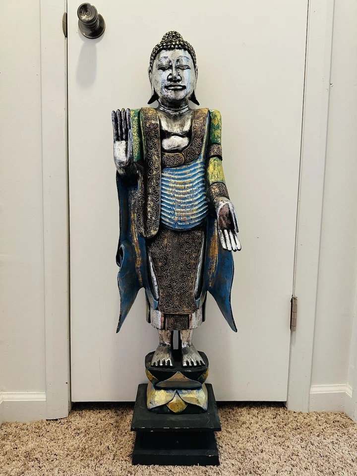 40” Buddha Khmer Style Thai standing Wooden Statue - Image 4 of 4