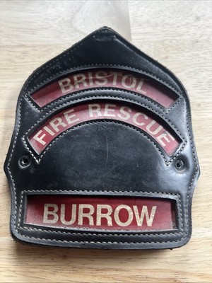 Vintage Bristol Fire Rescue Leather Helmet Badge Shield. W/name  Burrow 