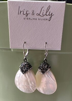 NWT Iris & Lily ~Mother of Pearl Sterling Silver 925 Pave Bkack crystals Earring