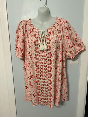 NWT Style&co White Multi-Color Top with Split Neck with Tassel Ties Plus Size 2X