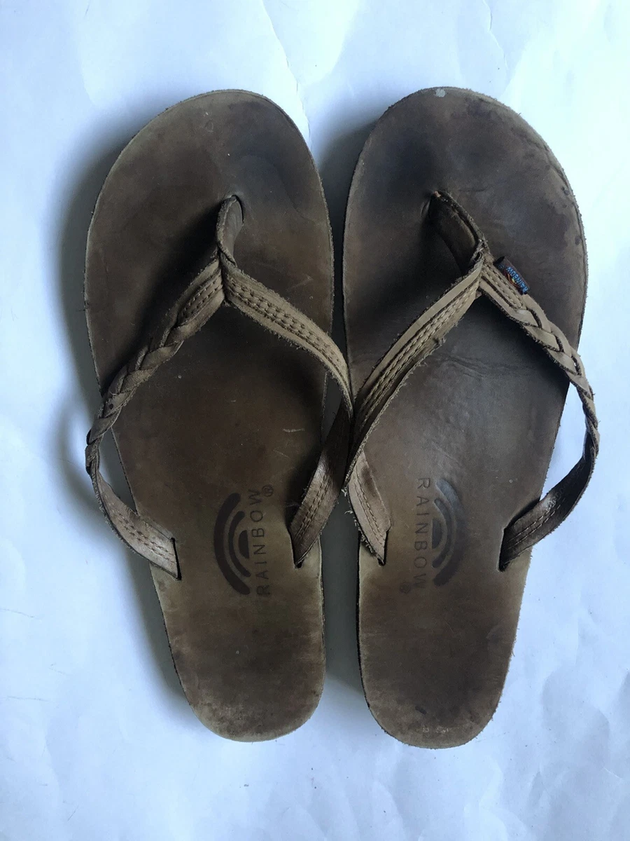 Rainbow Womens L Flirty Braidy Brown Leather Braid Thong Flip Flop Sandals