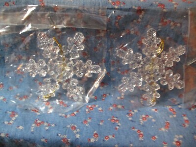 b. NIBag  Two Detailed Plastic Snowflake Ornaments  3 1/2 Inches High